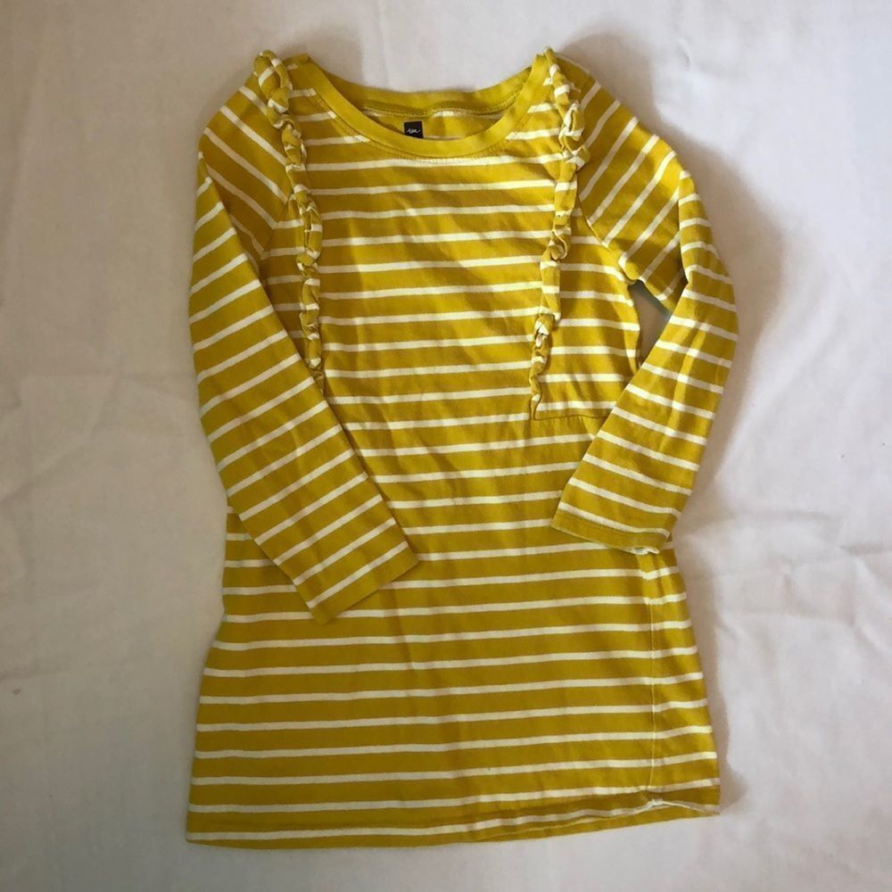 Tea Collection Girl’s 6 6x Long Sleeve Yellow and White Ruffle Striped Dress